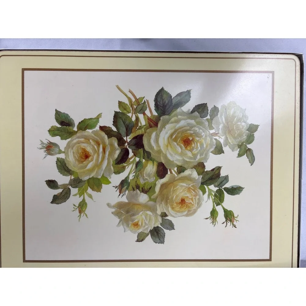 Royal Table Placemats Set of 4 Cork Backed White Yellow Roses Floral England